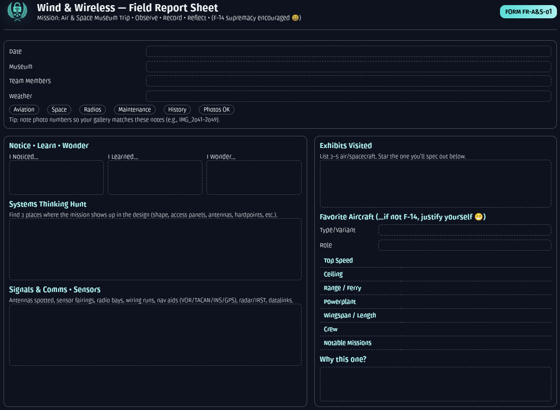 Wind & Wireless — Field Report sheet